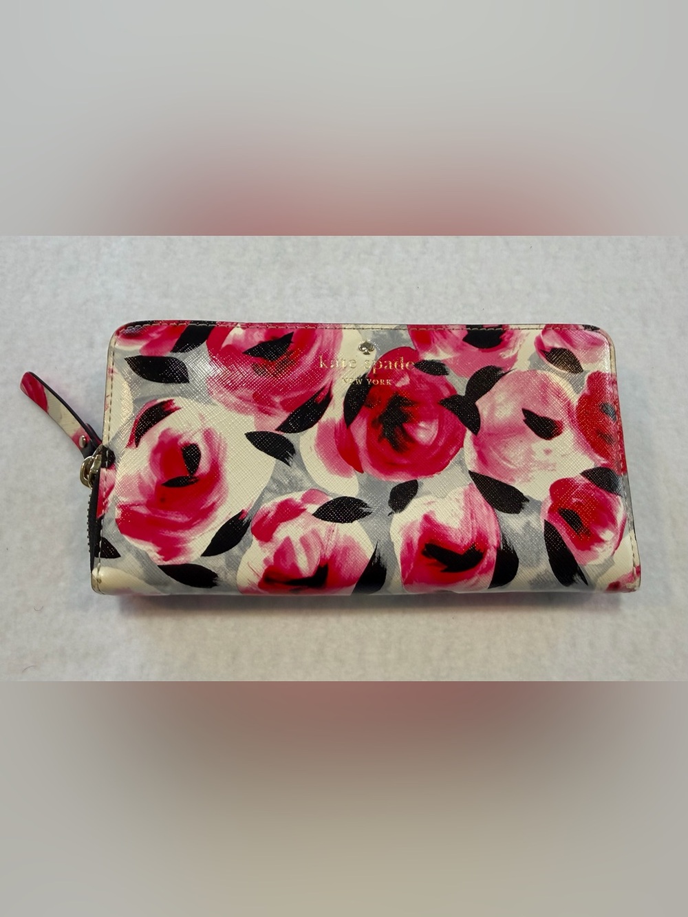 kate spade Pink/Red Floral Print Wallet with Black Accents
